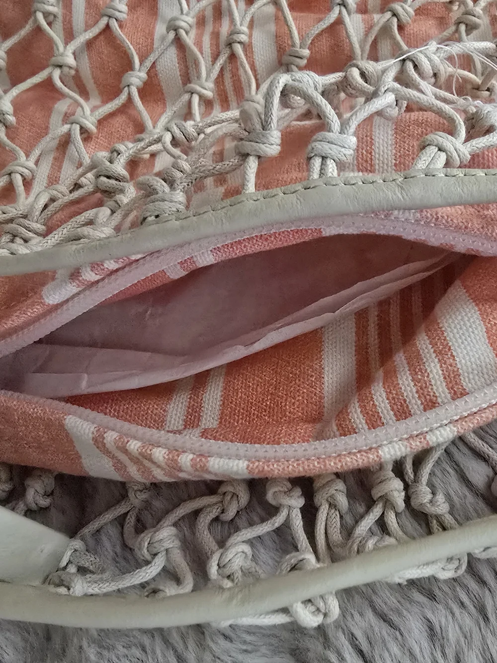 Free People Cream Net Knotted Hobo Shoulder Bag Drawstring Striped Orange Lining